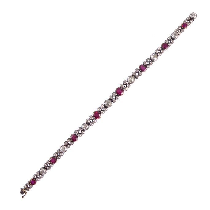 Late 19th century ruby and diamond line bracelet, c.1890, formerly belonging to the Royal House of the Bourbon Parma family, with eight graduated cushion cut Burma rubies alternating seven old round brilliant and cushion cut diamonds, | MasterArt